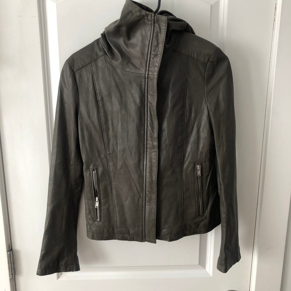 June Women's Glove Leather Jacket Dark Olive Biker Hood XS New without tags $155